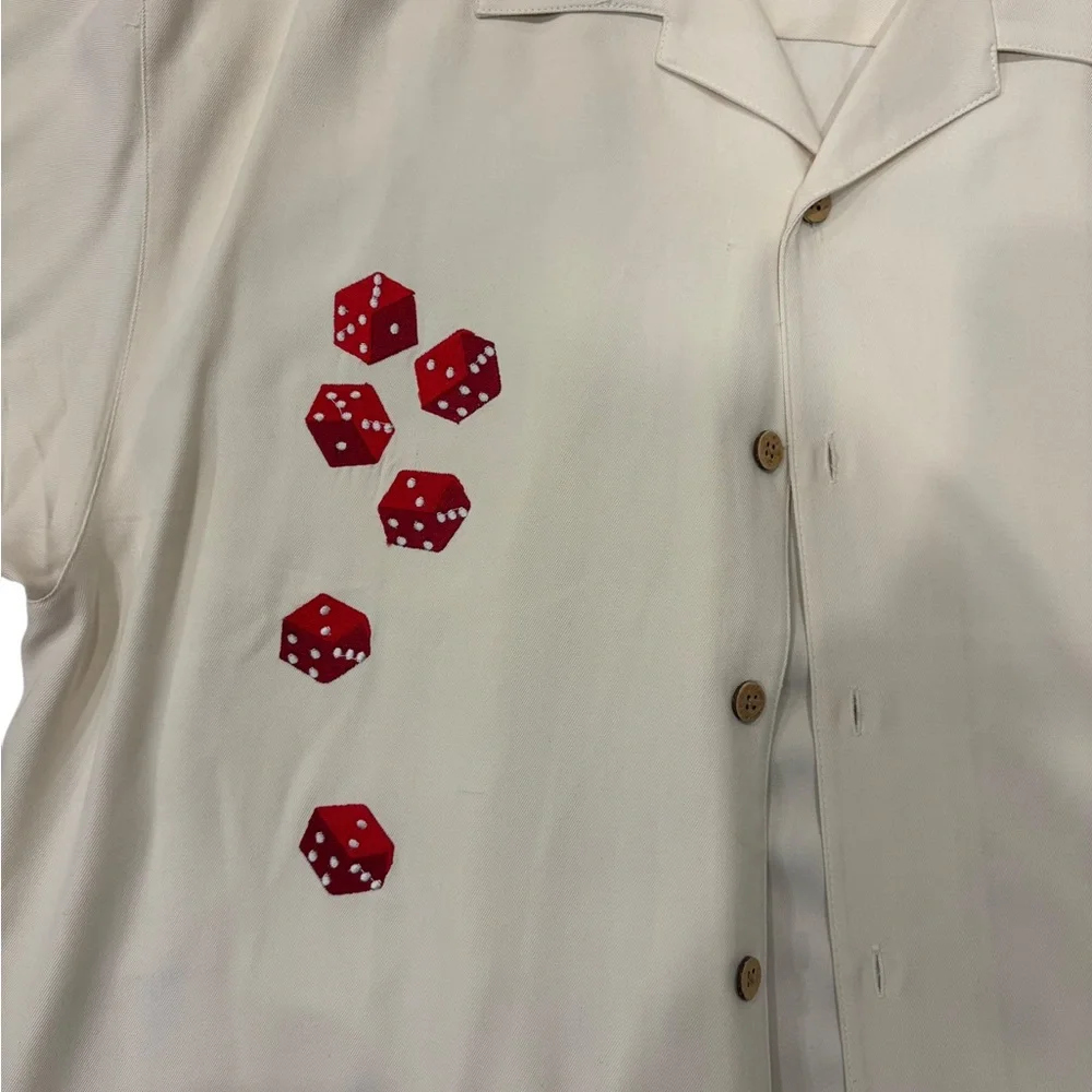 Bobby Chan Cream Silk Button Down Shirt with Red Dice Size M - Picture 2 of 5
